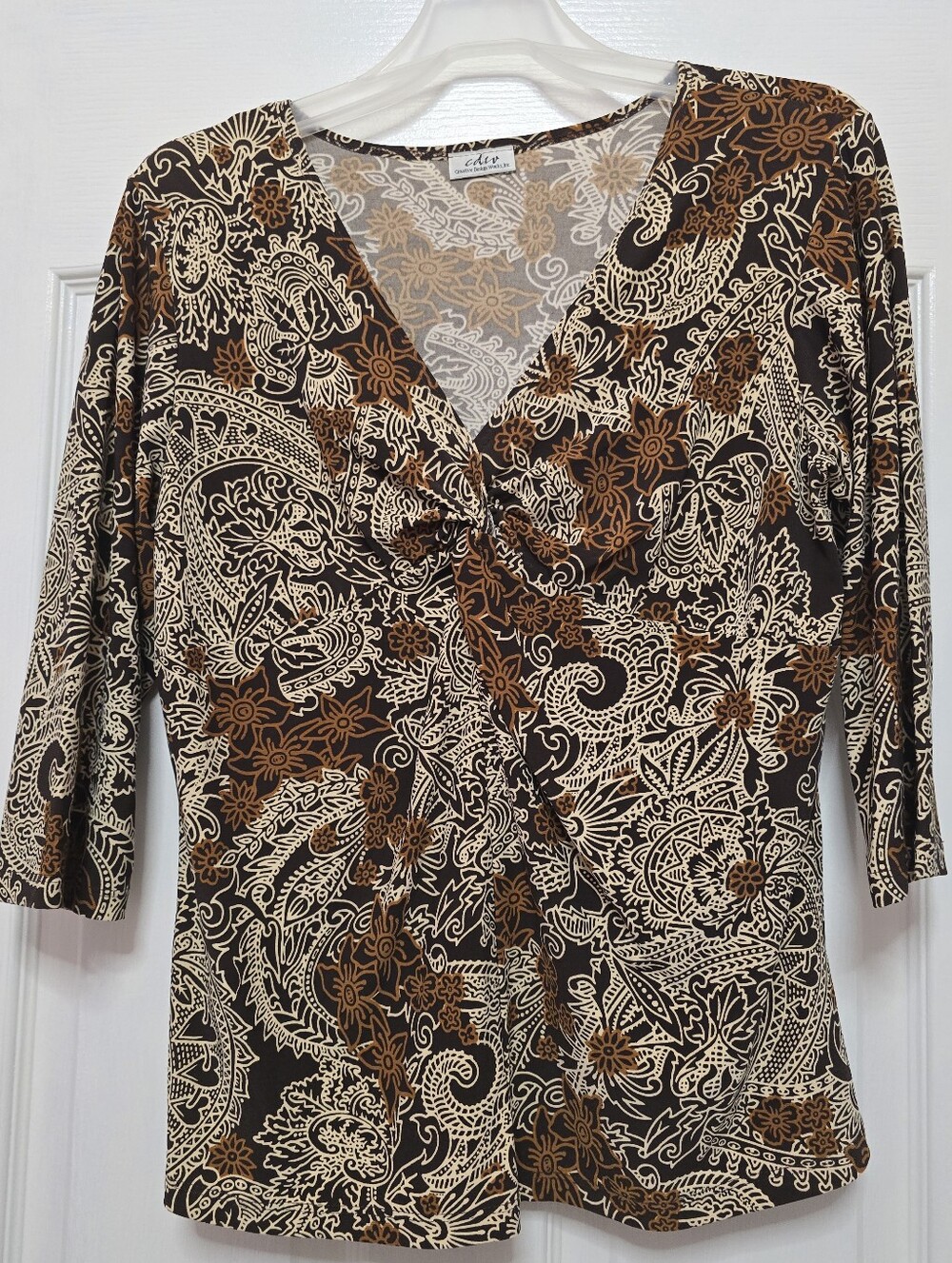 CDCU Creative Design Works Paisley V-Neck Twist Front Top - Brown/Beige, size XL